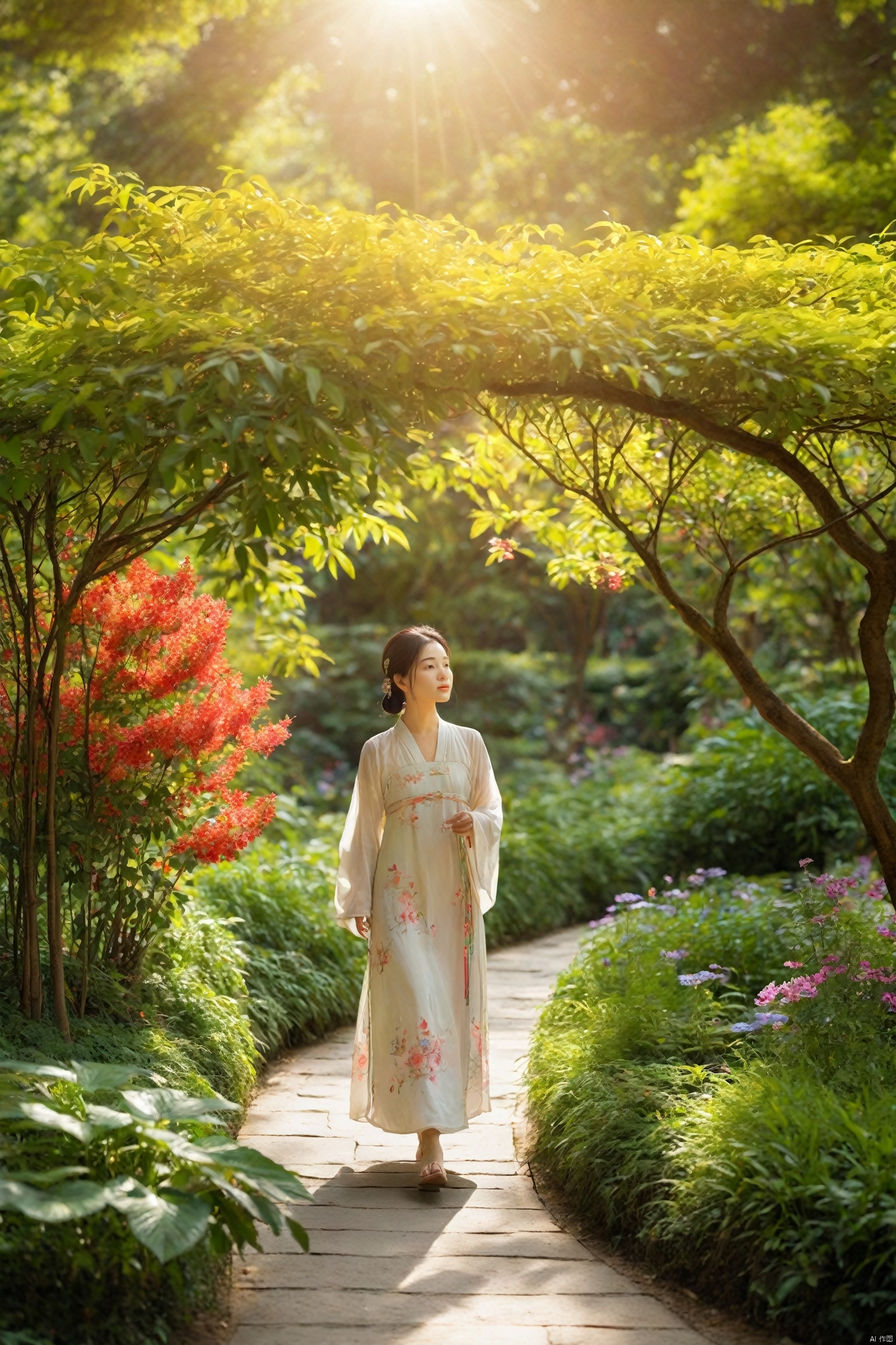  A young Chinese woman walks along a winding path in a botanical garden, her eyes taking in the vibrant colors of the flowers and the intricate patterns of the leaves. The sun filters through the canopy, casting a dappled light on her path. She moves with a sense of contentment, her mind at ease, as if in harmony with the natural world. The scene is a peaceful journey, a stroll through the beauty of nature.
