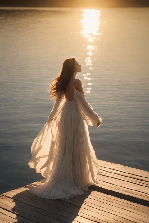A woman in a flowing dress stands on a pier, her eyes closed as she feels the warm breeze off the water. The sun's rays create a halo around her, and the light dances on the waves, creating a mesmerizing scene of tranquility.