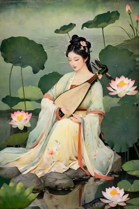 The woman, dressed in traditional Hanfu, sits on a green stone by the pond, gently strumming her biwa lute. The blooming lotus flowers and darting dragonflies complement the melodious notes of the pipa, creating a harmonious scene of movement and stillness.