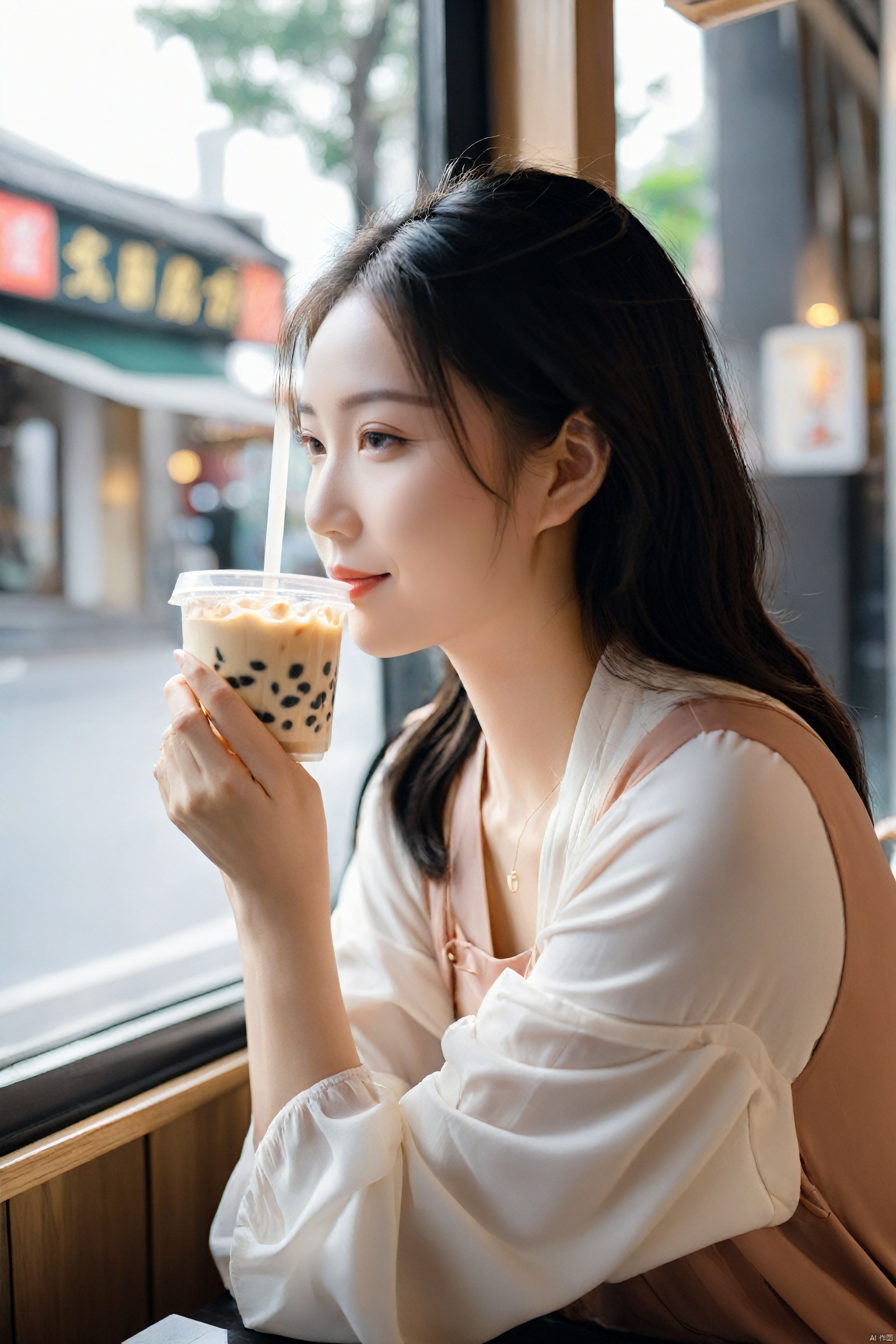  A young woman in her early twenties sits in a modern milk tea shop, holding a steaming cup of milk tea in her hands. Her eyes show a hint of contentment as she occasionally glances out the window, where the street scene creates a dynamic canvas on the glass. The soft lighting inside the shop mingles with the aroma of the milk tea, creating a relaxed and joyful atmosphere. She gently blows on the milk tea, sipping it with care, as if savoring a small but certain happiness of her own.