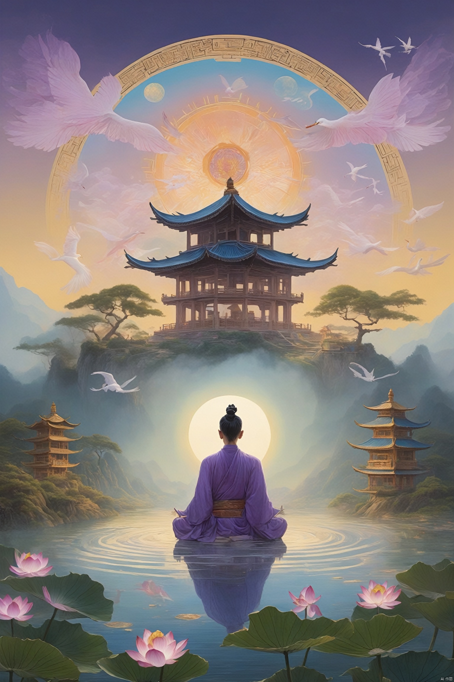 A cultivator in Daoist robes meditates in a valley, with three halos above, interwoven with golden, blue, and purple lights, radiating energy that symbolizes the union of essence, energy, and spirit. The backdrop is a misty landscape painting, with the halos' edges shimmering with a mystical glow, and lotus flowers and cranes adding to the transcendent atmosphere of cultivation.