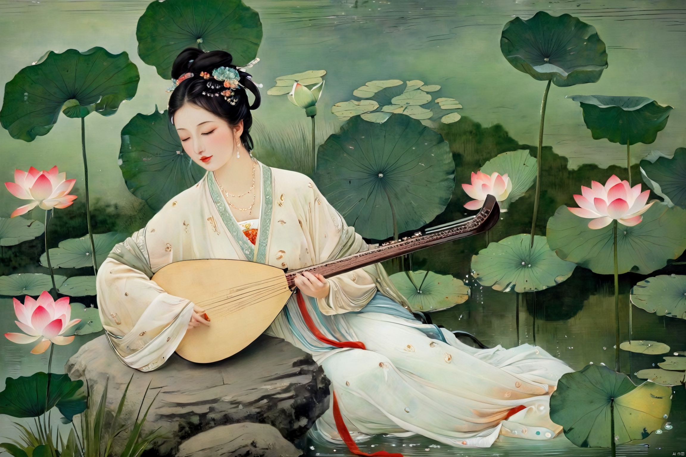 The woman, dressed in traditional Hanfu, sits on a green stone by the pond, gently strumming her biwa lute. The blooming lotus flowers and darting dragonflies complement the melodious notes of the pipa, creating a harmonious scene of movement and stillness.