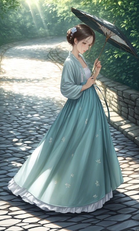  (masterpiece),(bestquality),[realistic,octanerender,3DCG],In a cobblestone alley, a woman dressed in a vintage-style long dress holds an antique parasol. Her steps are light, as if she has traveled through time to an era full of poetry. Sunlight filters through the gaps in the leaves, casting dappled shadows on her face, adding a touch of classical beauty to her profile.hanfu