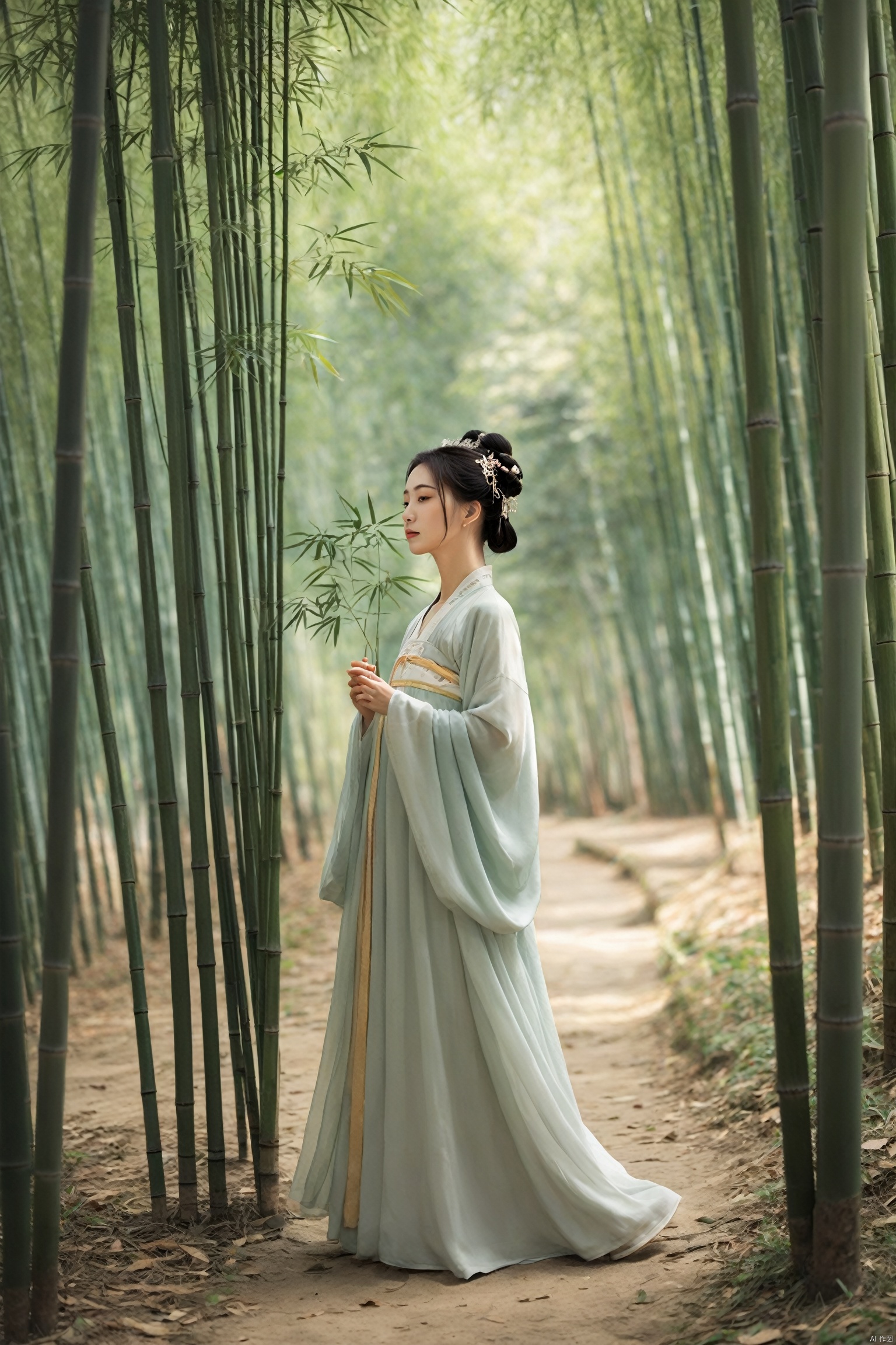 hanfu,A young Chinese woman walks through a bamboo forest, the sunlight filtering through the slender stalks, casting dappled shadows on the ground. The forest is alive with the sound of rustling leaves and the occasional chirp of a bird. She moves with a sense of calm, her presence blending harmoniously with the natural surroundings. The scene is a peaceful exploration, a moment of connection with the natural world.