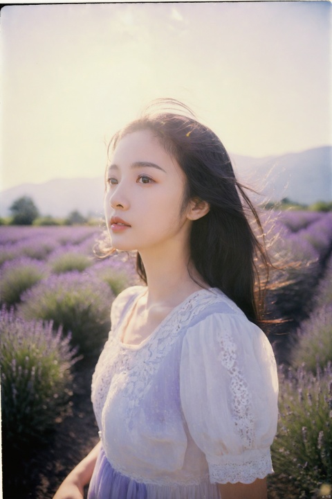 Faded Polaroid photo, medium shot, a black-haired girl stands in a field of lavender, her expression soft, her black eyes sparkling with appreciation for the beauty of nature. She wears a light, flowing white dress, the hem gently billowing in the breeze. The setting sun's rays bathe her in a warm glow, contrasting sharply with the purple花海. Her posture is graceful and light, her long hair fluttering in the wind, harmonizing with the surrounding lavender fields. The photo's high-resolution details and the faded analog effect give off a tranquil and romantic countryside atmosphere., mugglelight