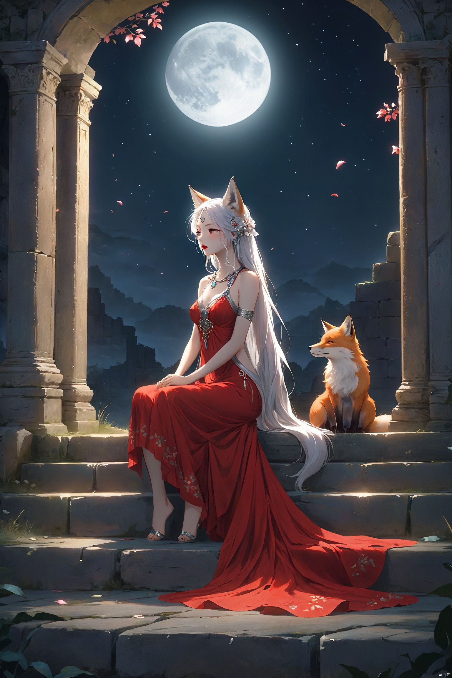 In the ancient ruins bathed in moonlight, the fox spirit sits quietly on a weathered stone step, her fox ears keenly sensitive in the still night, catching the whispers of the dark. Her tail shines with a silver luster in the moonlight, gently rising and falling with her breath. Her dress is the deep color of night, harmonizing with the mysterious atmosphere of the ruins, with the hem fluttering in the night breeze, outlining her sensual figure. Her gaze is deep and captivating, her red lips slightly parted, as if telling ancient tales. Petals fall quietly around her in the moonlight, and she appears as the goddess guarding these ruins, sensual and dignified.