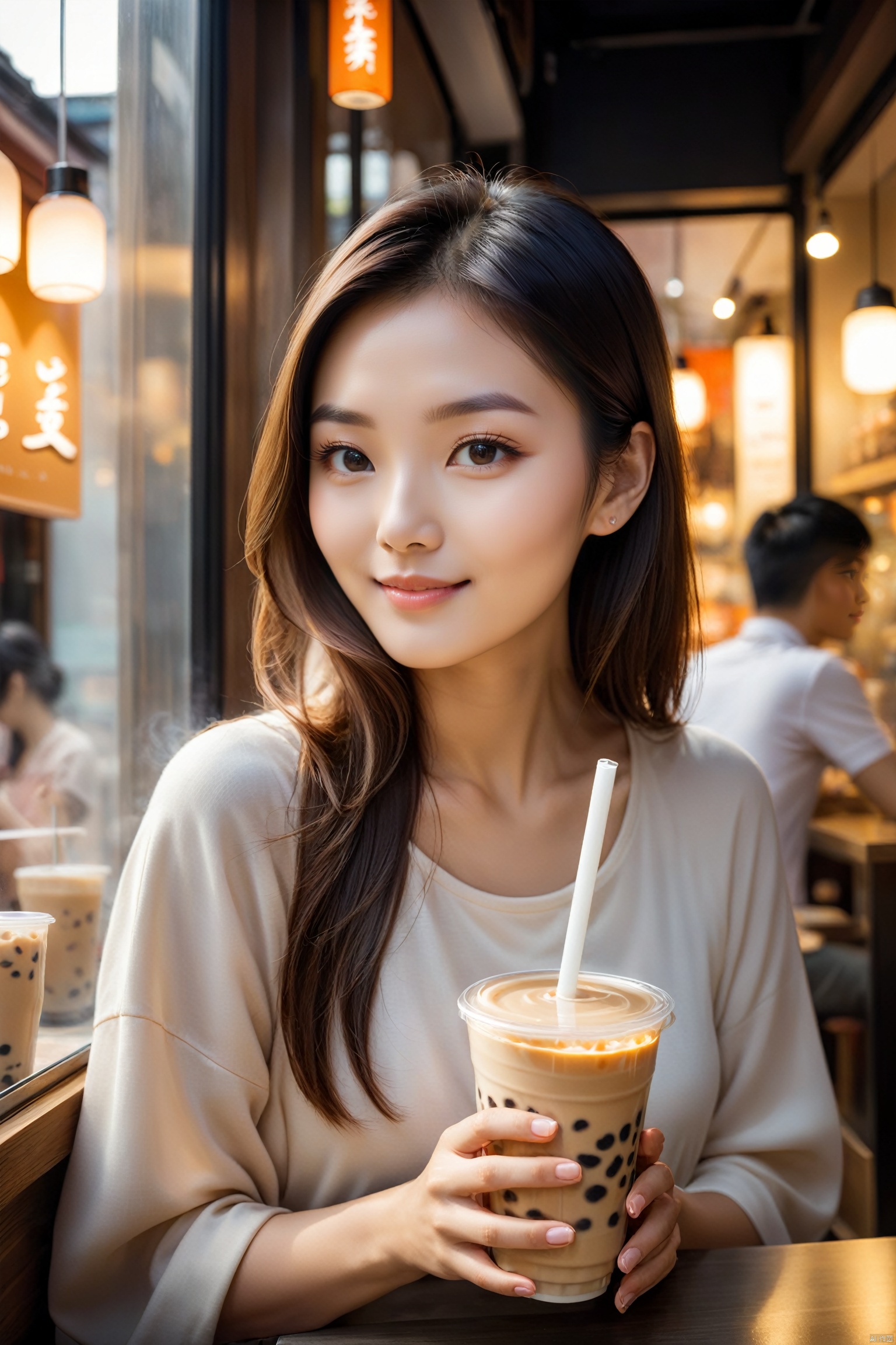 A young woman in her early twenties sits in a modern milk tea shop, holding a steaming cup of milk tea in her hands. Her eyes show a hint of contentment as she occasionally glances out the window, where the street scene creates a dynamic canvas on the glass. The soft lighting inside the shop mingles with the aroma of the milk tea, creating a relaxed and joyful atmosphere. She gently blows on the milk tea, sipping it with care, as if savoring a small but certain happiness of her own.