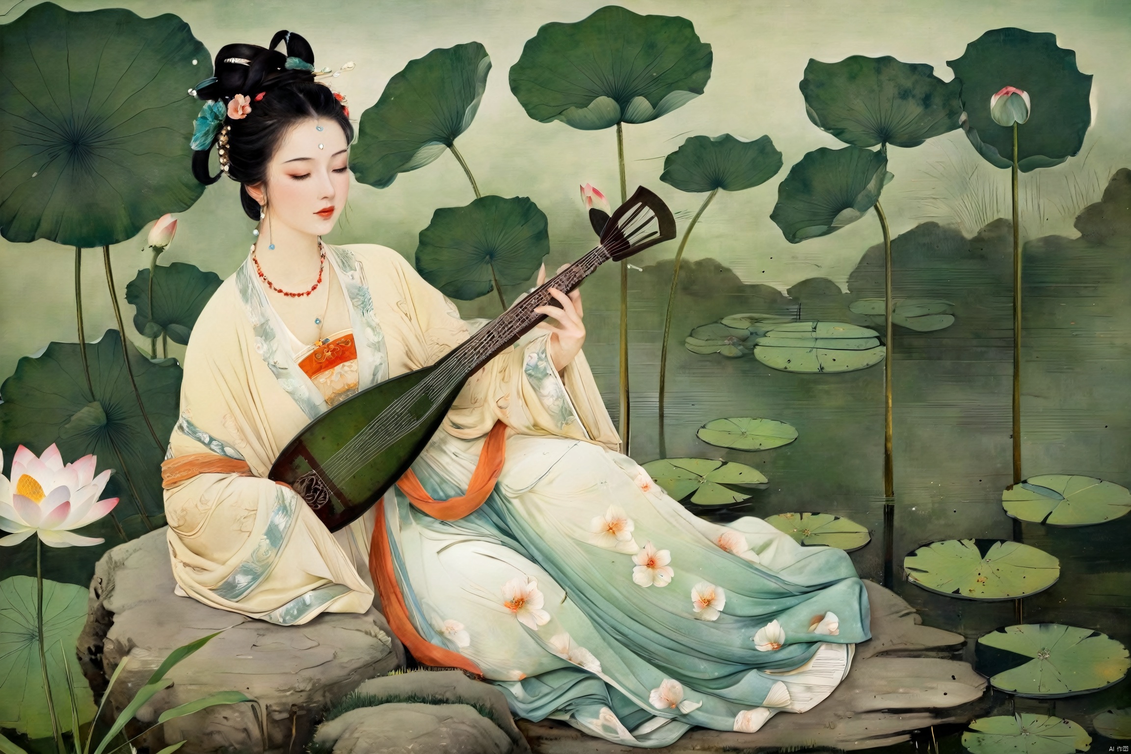 The woman, dressed in traditional Hanfu, sits on a green stone by the pond, gently strumming her biwa lute. The blooming lotus flowers and darting dragonflies complement the melodious notes of the pipa, creating a harmonious scene of movement and stillness.