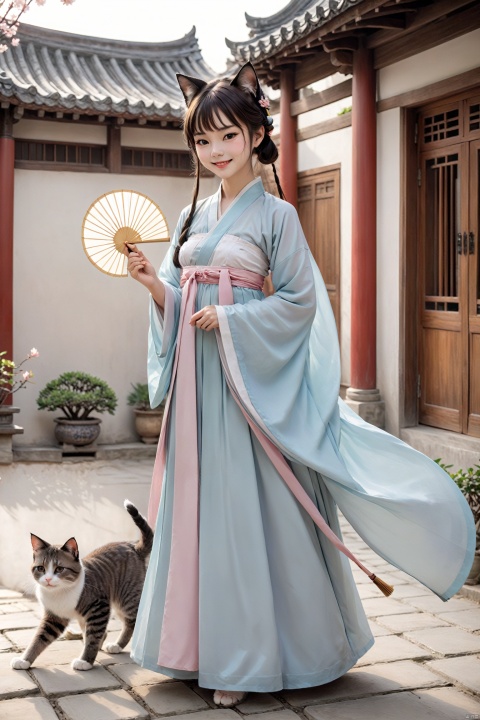 A catgirl in Hanfu stands in an antique courtyard, her cat ears and tail complementing the elegance of the traditional attire. She holds a folding fan in her hand, a sweet smile on her face, as if awaiting a spring rendezvous. The skirt of the Hanfu sways gently with the breeze, harmoniously blending with her catgirl traits., hanfu