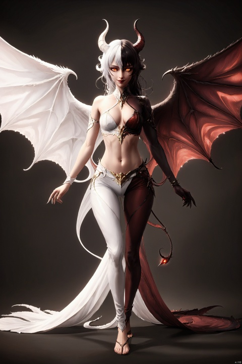She stands in the dim light, a mysterious and contradictory being. The left half of her body is that of an ordinary human woman, with soft curves and warm skin, dressed in a simple white blouse and jeans, exuding the simplicity of everyday life. However, the right half of her body belongs to a succubus, covered in deep red scales that emit an alluring sheen. Her succubus wings gently unfold, and her tail lightly sways on the ground, her golden eyes flickering with a tempting light. Half of her face is human in its gentleness, while the other half is succubus in its seductiveness, and the smile on her lips is both innocent and cunning, as if telling the secret of her dual identity., wabstyle