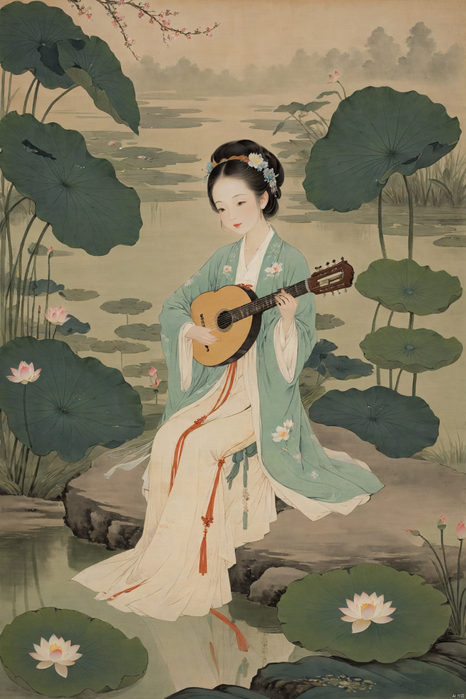 The woman, dressed in traditional Hanfu, sits on a green stone by the pond, gently strumming her biwa lute. The blooming lotus flowers and darting dragonflies complement the melodious notes of the pipa, creating a harmonious scene of movement and stillness., traditional chinese ink painting