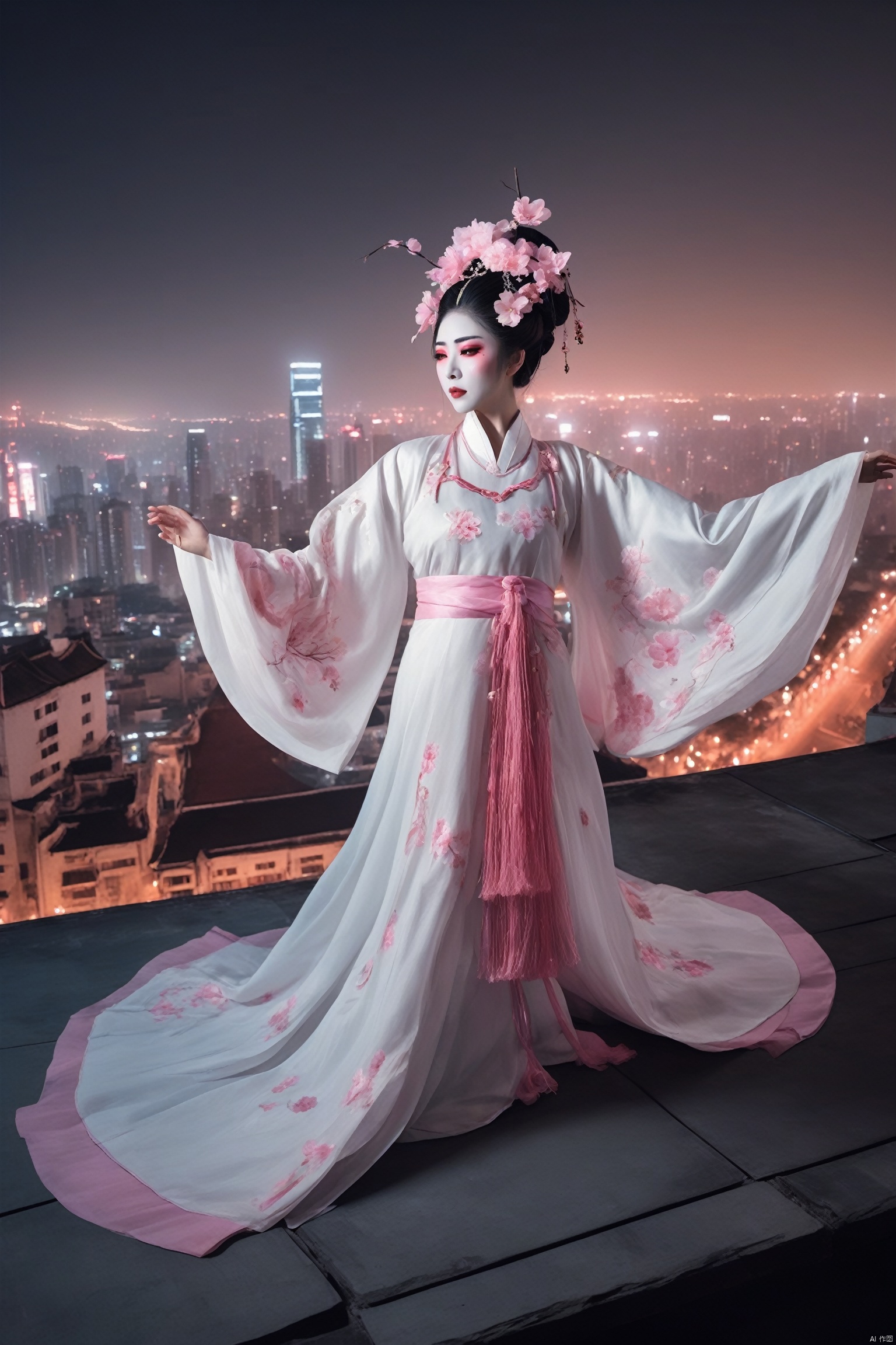 Surrealism, cyberpunk style, a young girl (dressed in traditional Chinese opera costumes and makeup: 1.3), spinning gracefully on the rooftop of a high-rise building (dancing with extremely long white sleeves: 1.4), pink petals fluttering down one after another, stage lighting (in front of the grand city under the night, high angle perspective: 1.4), the fusion of technology and traditional culture, stunning, cinematic,