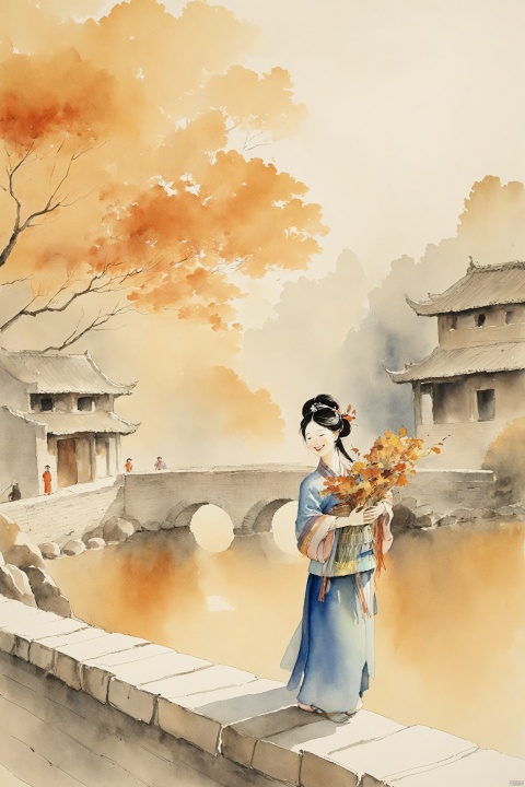  A traditional Chinese watercolor painting depicting an ancient scene. Extremely content happy smile, A yong woman in Nanjing, in autumn at morning, miaoyuansu3, chengqiang, miaoyuansu
