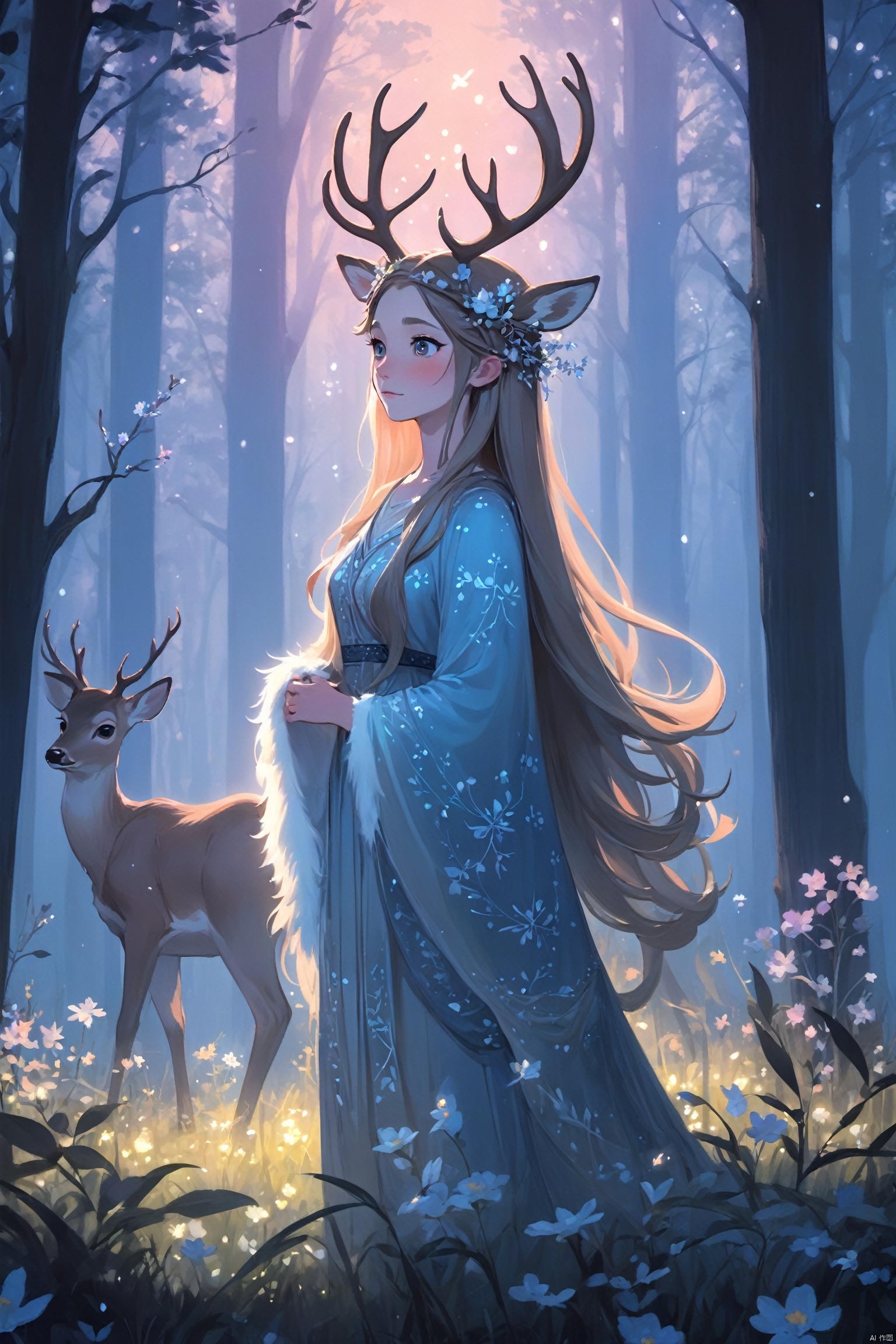 A character with the features of a deer, her antlers adorned with flowers, stands in a forest clearing at twilight. The soft, blue light of the evening sky filters through the trees, casting a cool, ethereal glow on her face and the delicate patterns on her fur. The forest is quiet, and the light creates a peaceful ambiance as she gazes into the distance.
