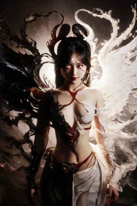 She stands in the dim light, a mysterious and contradictory being. The left half of her body is that of an ordinary human woman, with soft curves and warm skin, dressed in a simple white blouse and jeans, exuding the simplicity of everyday life. However, the right half of her body belongs to a succubus, covered in deep red scales that emit an alluring sheen. Her succubus wings gently unfold, and her tail lightly sways on the ground, her golden eyes flickering with a tempting light. Half of her face is human in its gentleness, while the other half is succubus in its seductiveness, and the smile on her lips is both innocent and cunning, as if telling the secret of her dual identity.