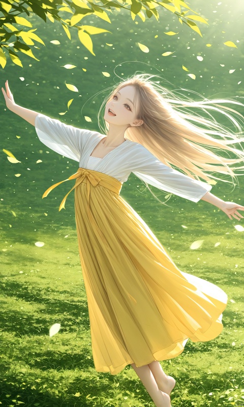  (masterpiece),(bestquality),[realistic,octanerender,3DCG],On a lush green meadow, a young girl is leaping into the air, her long hair fluttering like a ribbon in the wind. Her smile is radiant, her eyes sparkling with the joy of freedom and happiness. Sunlight filters through the gaps in the leaves, casting dappled shadows on her, complementing her graceful figure. Her jump seems to celebrate the infinite possibilities of life, each landing accompanied by cheerful laughter, brimming with the vitality of youth., hanfu