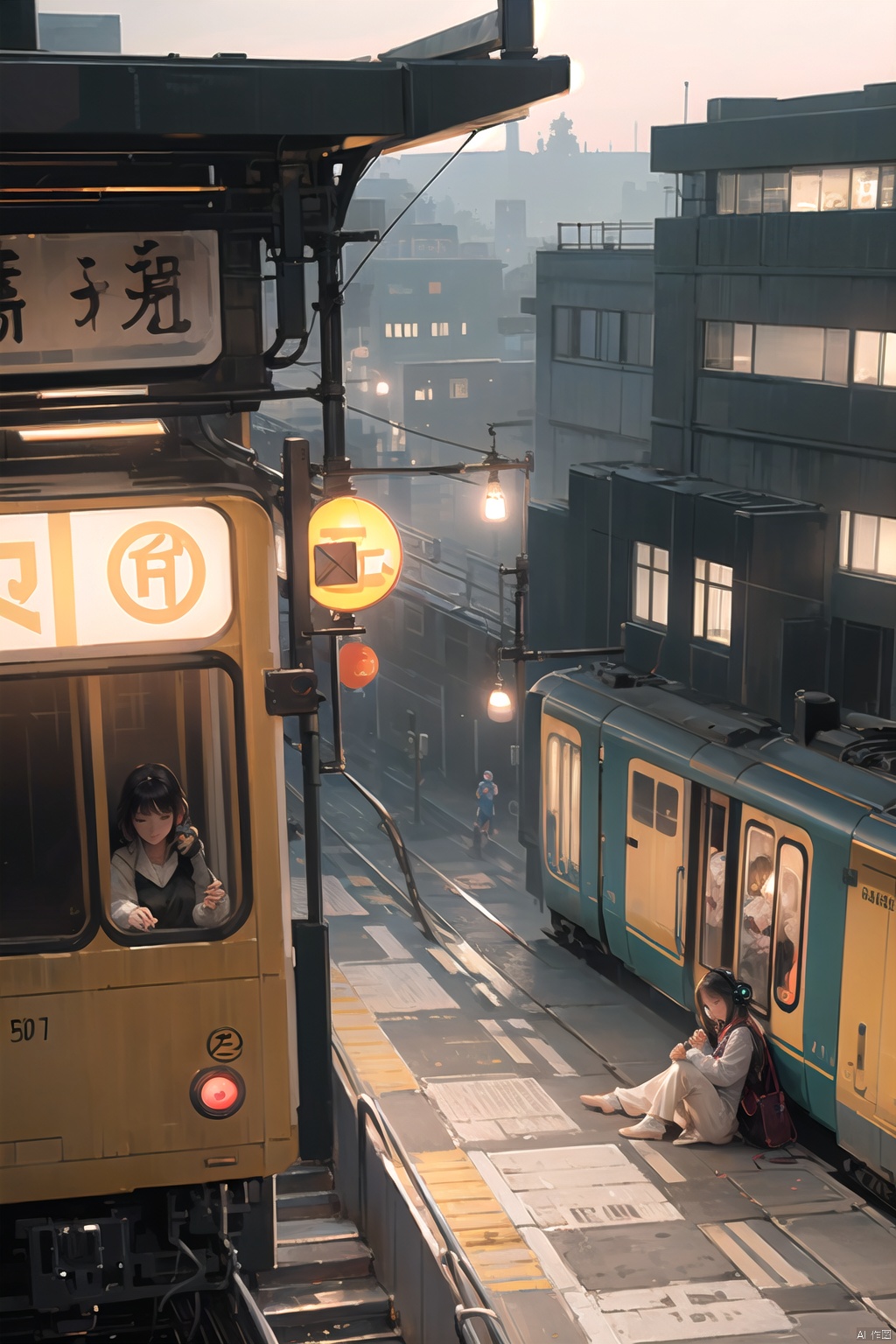  A Chinese girl leans against the door of a train, her eyes closed as she listens to music through her headphones. The train is passing through a city at night, and the city lights flicker in the window behind her. Her face is serene, a contrast to the bustling world outside. The scene captures a moment of personal tranquility amidst the urban chaos.