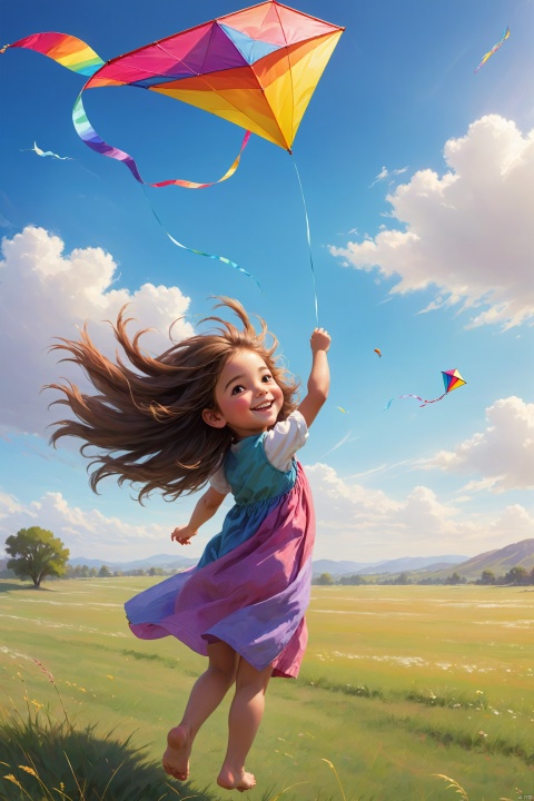 On a tranquil field, a little girl flies a colorful kite. Her hair flutters gently in the breeze, and her face is filled with a smile of freedom. The kite soars in the blue sky, forming a harmonious scene with the surrounding natural landscape.