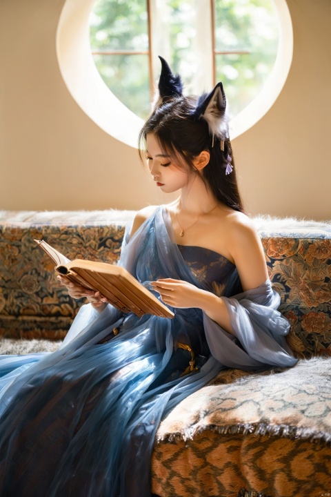 Lying on a couch by the window, the fox spirit holds a Bamboo Book in her hands. She's adorned in a blue off-shoulder long dress that slips down to her arms, the soft fabric accentuating her fox ears and a glimpse of her fluffy tail. Her gaze, though focused and profound as she reads, exudes an unintentional sensuality and allure. The room is bathed in the soft glow of the moonlight filtering through the window, creating a serene ambiance. The play of light and shadow across her dress adds a layer of depth and mystery, while the off-shoulder design of her garment teases with a subtle hint of her seductive form. It's an image that captivates, making it difficult for onlookers to avert their eyes.