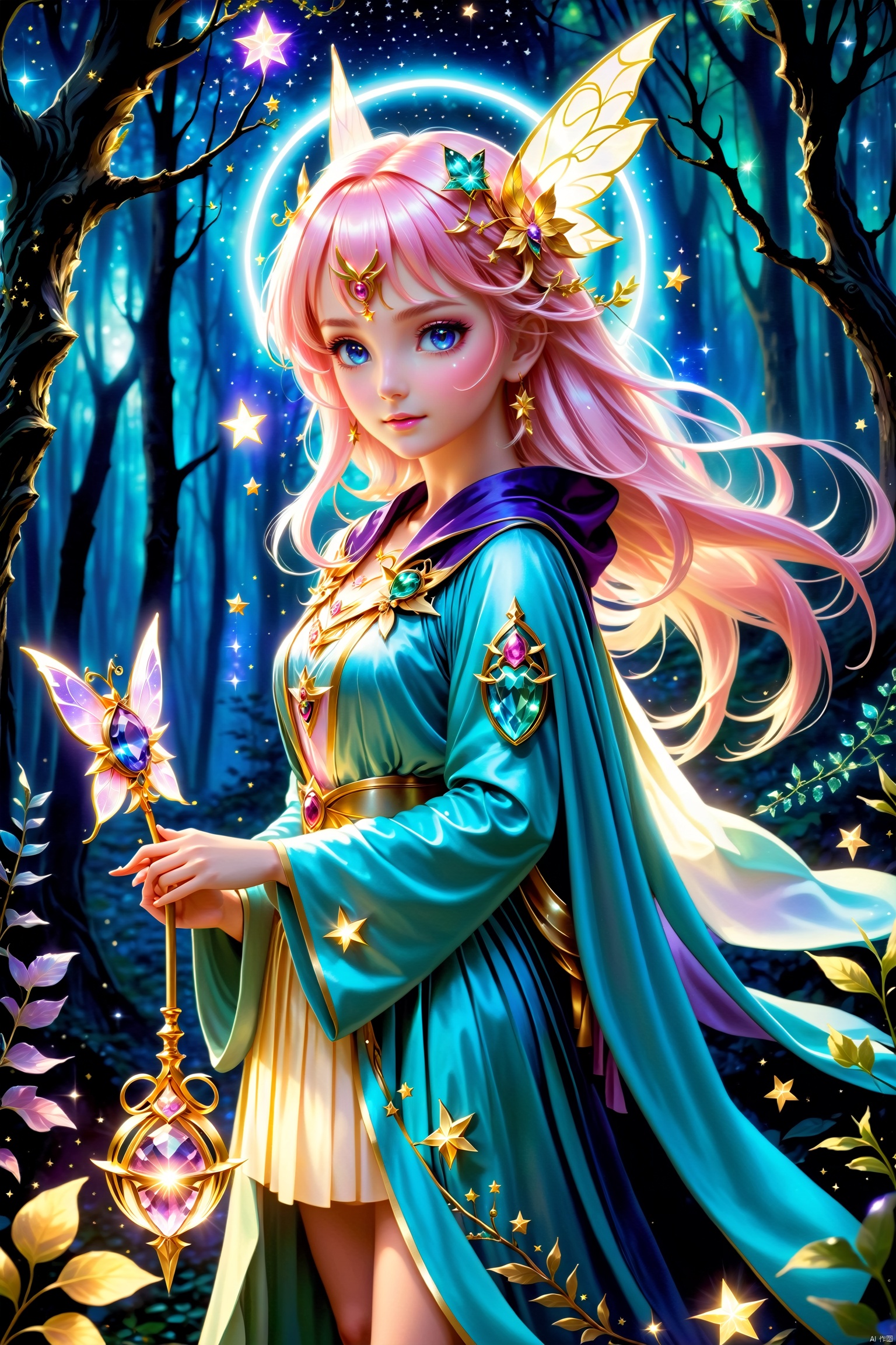 A magical girl stands amidst a mystical forest, her eyes gleaming with the light of the stars, as if she can peer into the secrets of magic. She is clad in a flowing magical robe, adorned with various enigmatic symbols that shimmer with a mysterious glow under the moonlight. In her hand, she holds a delicate wand, topped with a radiant gemstone that emits a soft light. Around her, a group of fairy-like creatures hover, seemingly awaiting her next magical command. The magical girl's face is filled with confidence and determination, ready to embrace the adventure that lies ahead.