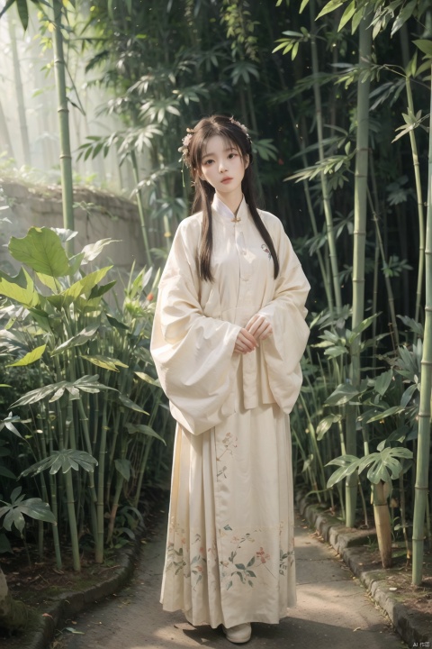 A young woman in traditional Hanfu stands quietly amidst the bamboo forest, her figure appearing particularly elegant in the tranquility of the bamboo grove. The bamboo stalks are tall and straight, their leaves rustling gently in the breeze, as if whispering secrets. Sunlight filters through the gaps in the leaves, casting dappled shadows on the woman. Deep within the bamboo grove, a golden lightning bolt streaks across, adding a touch of mystery and vitality to this serene landscape., hanfu