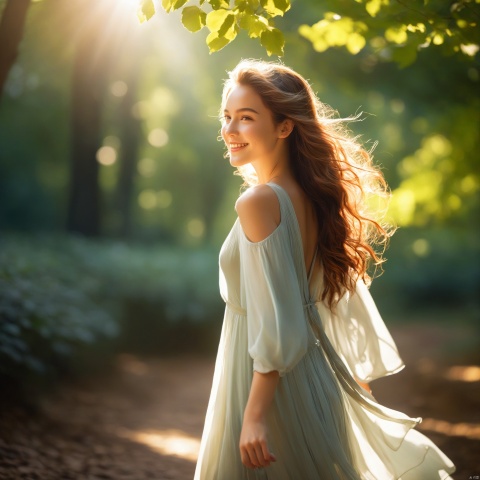 A young woman with a gentle and sweet smile, her eyes twinkling with wisdom. Her hair flows smoothly over her shoulders, gently swaying with the breeze. She wears a light, flowing dress, the hem swaying softly with her steps. Sunlight filters through the gaps in the leaves, casting a soft glow on her skin.