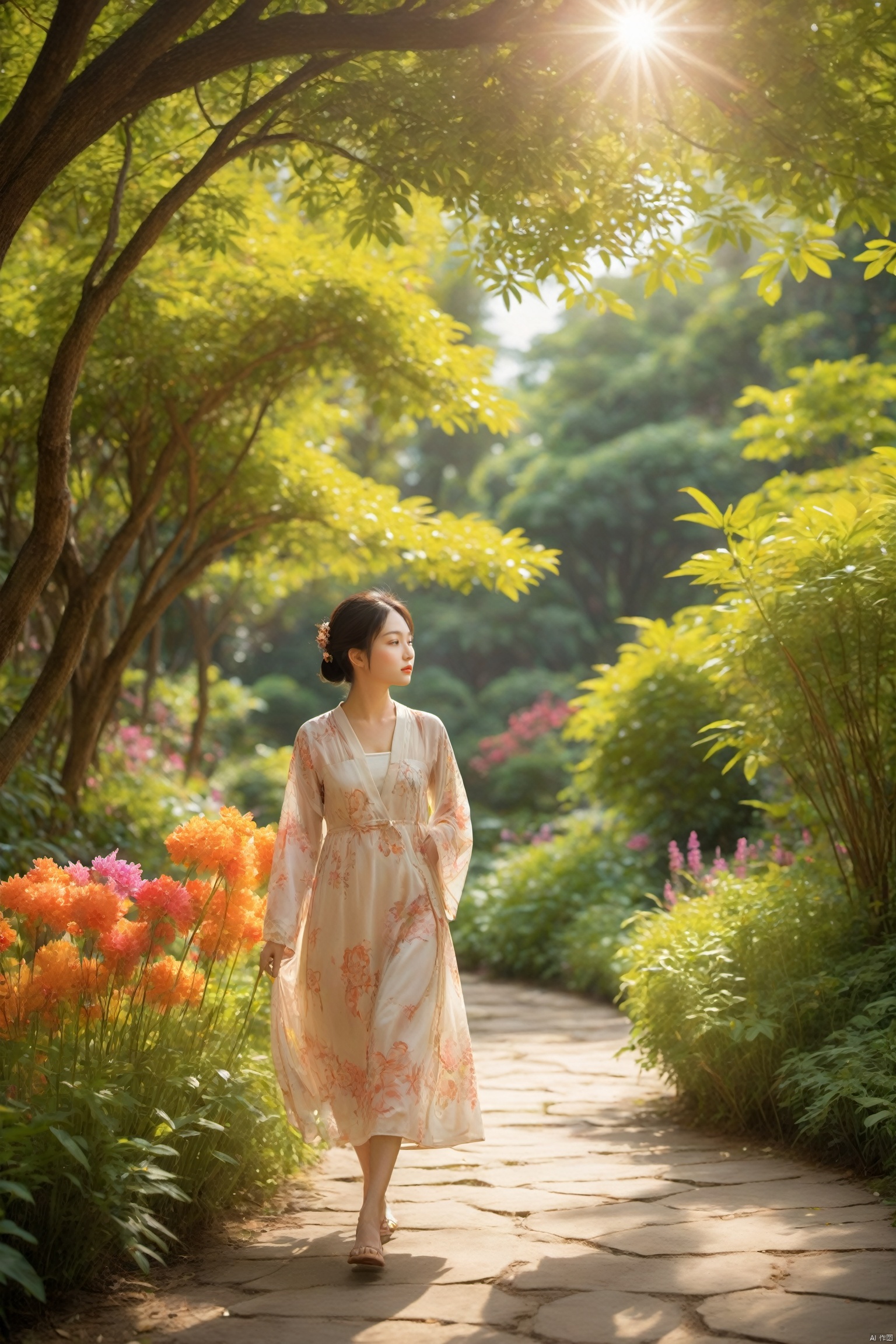 A young Chinese woman walks along a winding path in a botanical garden, her eyes taking in the vibrant colors of the flowers and the intricate patterns of the leaves. The sun filters through the canopy, casting a dappled light on her path. She moves with a sense of contentment, her mind at ease, as if in harmony with the natural world. The scene is a peaceful journey, a stroll through the beauty of nature.