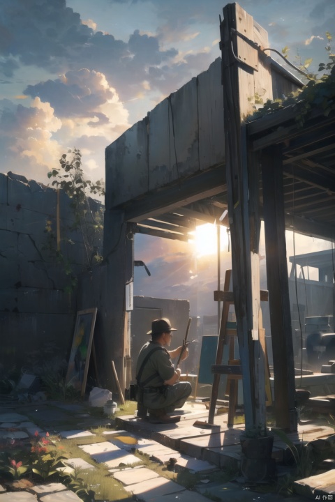  A painter works on a canvas at a war site, depicting a vibrant garden that stands in stark contrast to the desolation around him. Sunlight breaks through the clouds, illuminating his canvas and the hope within him, showing that even in the darkest times, art can bring light.
