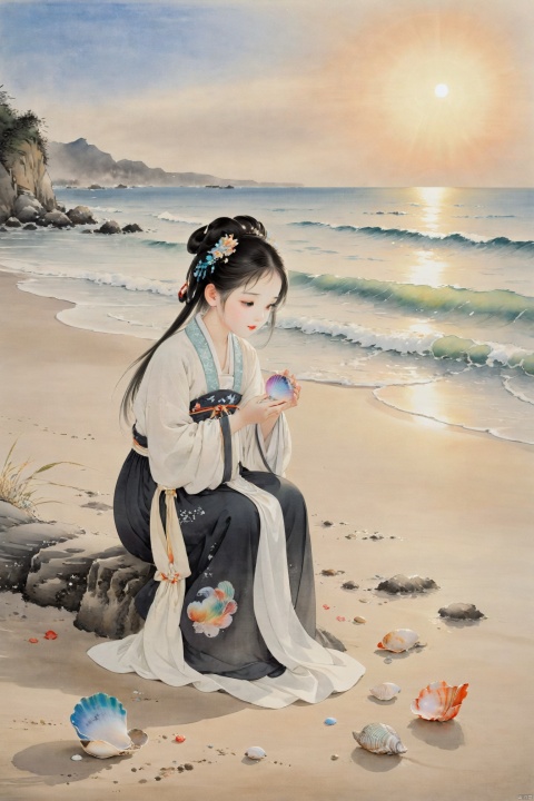 A little girl crouches on the beach, holding a colorful shell in her hands, her eyes full of wonder. Gentle waves lap at the shore, and sunlight sparkles on the sea, creating a serene and beautiful scene., traditional chinese ink painting,black and white ink painting, hanfu