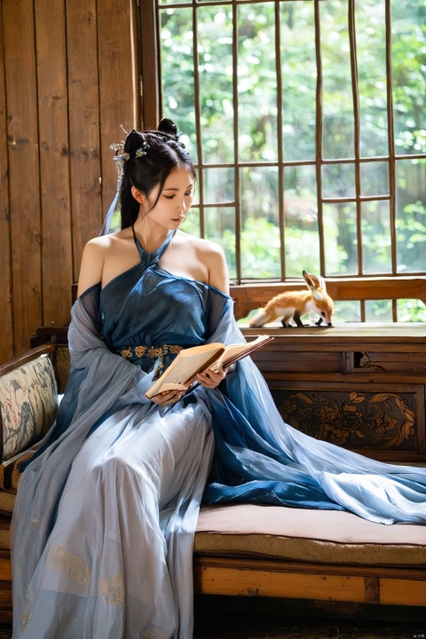 In a study filled with ancient books, a fox spirit sits on a couch by the window, holding a Bamboo Book. She wears a blue off-shoulder long dress, the hem falling to her arms, revealing her fox ears and a snippet of her tail. Her gaze is focused and profound, but an unintentional sensuality and allure leak through, making it hard for onlookers to look away.