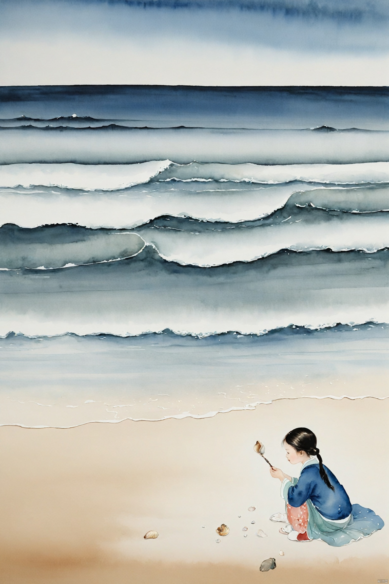  traditional chinese ink painting,A little girl on the beach by the sea, holds a seashell in her hand, intently listening to the sound of the waves. Behind her is a vast expanse of blue ocean, with waves gently lapping the shore, creating a harmonious scene with the girl's tranquility.