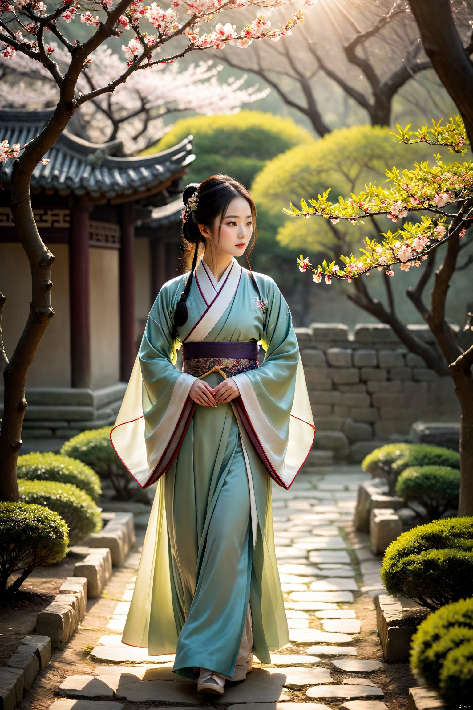 The young woman, dressed in a subtle Wei and Jin dynasty Hanfu, walks through an ancient garden. Sunlight filters through the branches of ancient trees, casting dappled shadows on the stone path. Her eyes hold a contemplative gaze towards history, as she gently touches a blooming plum blossom, as if conversing with the ancients.