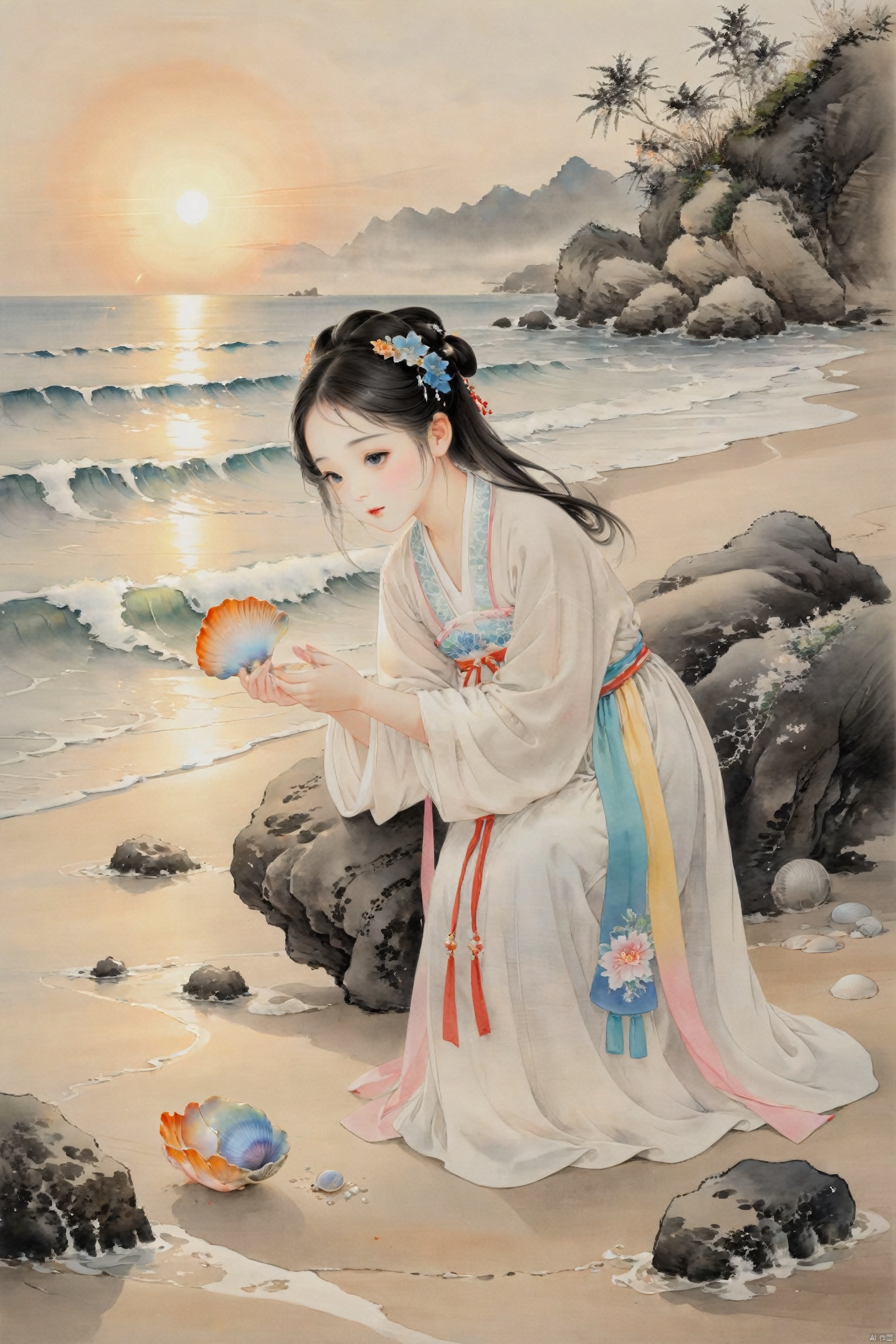 A little girl crouches on the beach, holding a colorful shell in her hands, her eyes full of wonder. Gentle waves lap at the shore, and sunlight sparkles on the sea, creating a serene and beautiful scene., traditional chinese ink painting,black and white ink painting, hanfu