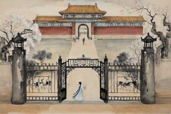 traditional chinese inkpainting,blackandwhiteinkpainting,A young woman, dressed in resplendent court attire, slowly approaches the grand palace gates. Her skirt gently sways with each step, each movement exuding a sense of solemnity and grace. The palace gates tower into the sky, their golden doors gleaming with a dazzling radiance under the sunlight. The wide stone steps leading up to the gates are solemn and majestic, flanked by exquisitely carved stone lions, as if guarding the symbol of power. Her eyes sparkle with anticipation and reverence, as if she is about to step into a world filled with legends and glory., traditional chinese ink painting,black and white ink painting,willow branches