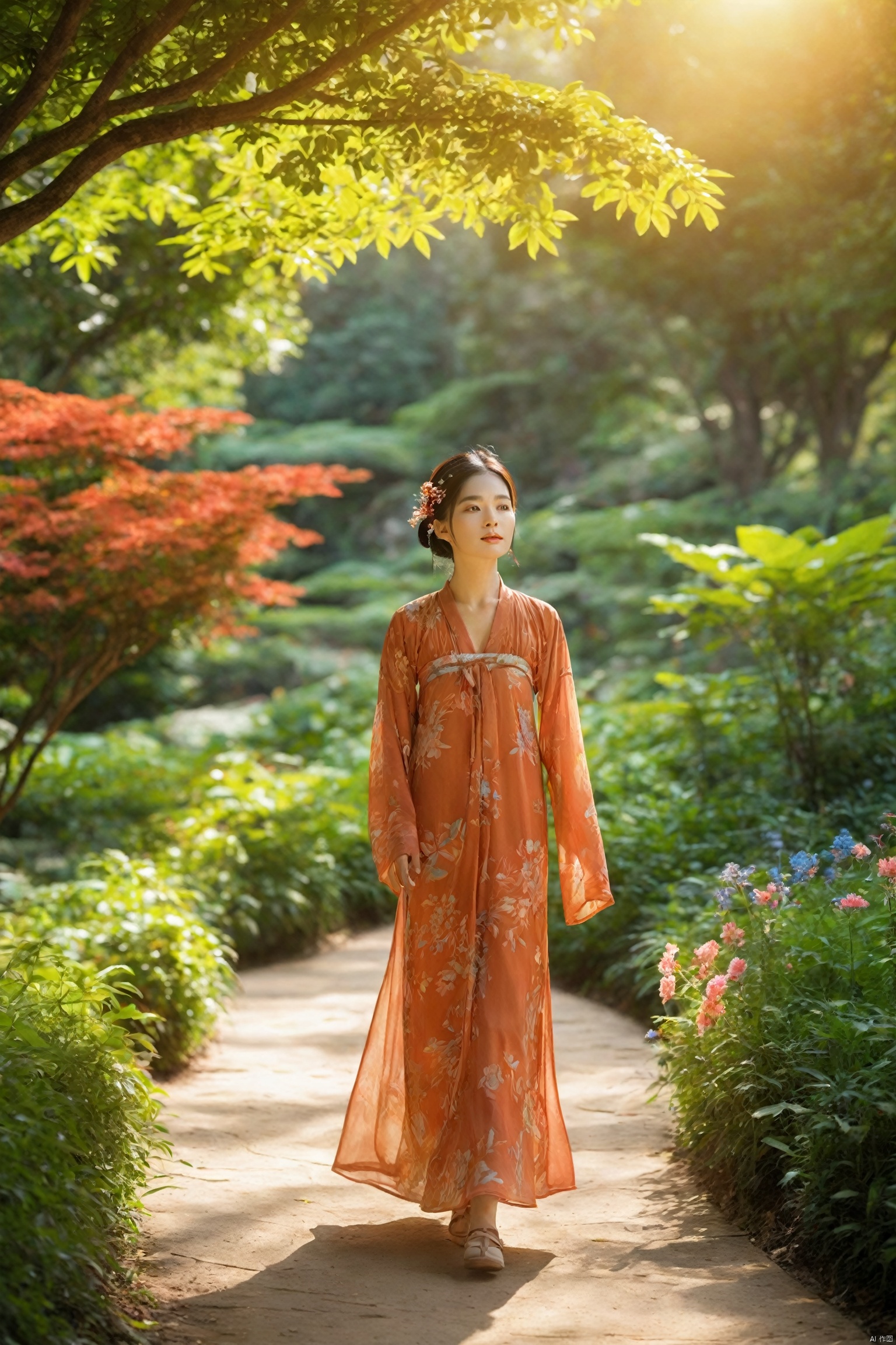  A young Chinese woman walks along a winding path in a botanical garden, her eyes taking in the vibrant colors of the flowers and the intricate patterns of the leaves. The sun filters through the canopy, casting a dappled light on her path. She moves with a sense of contentment, her mind at ease, as if in harmony with the natural world. The scene is a peaceful journey, a stroll through the beauty of nature.