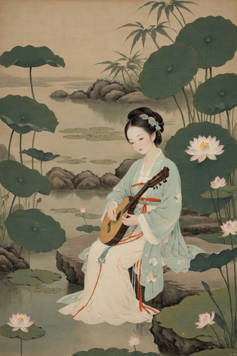 The woman, dressed in traditional Hanfu, sits on a green stone by the pond, gently strumming her biwa lute. The blooming lotus flowers and darting dragonflies complement the melodious notes of the pipa, creating a harmonious scene of movement and stillness., traditional chinese ink painting