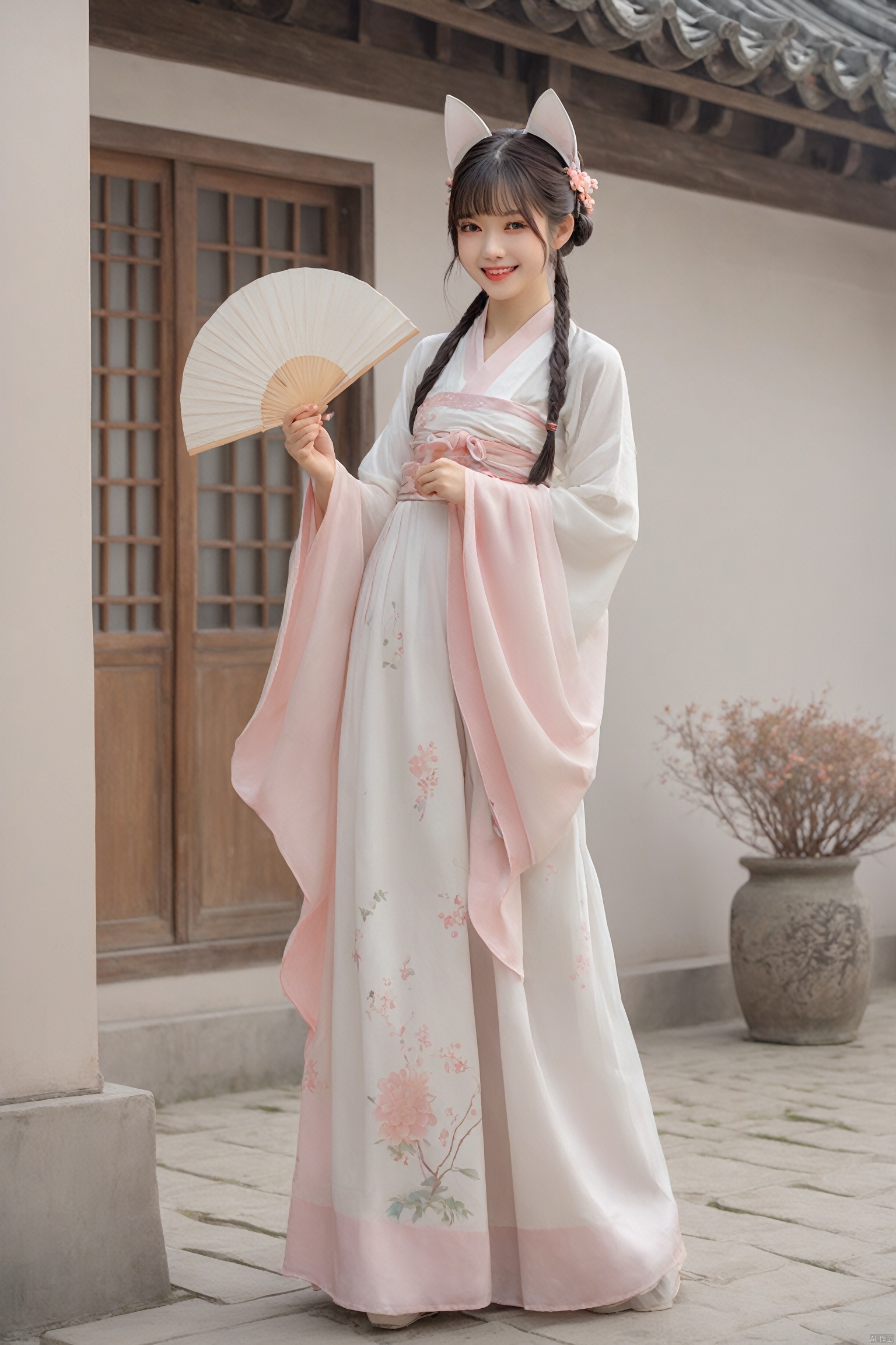 A catgirl in Hanfu stands in an antique courtyard, her cat ears and tail complementing the elegance of the traditional attire. She holds a folding fan in her hand, a sweet smile on her face, as if awaiting a spring rendezvous. The skirt of the Hanfu sways gently with the breeze, harmoniously blending with her catgirl traits.