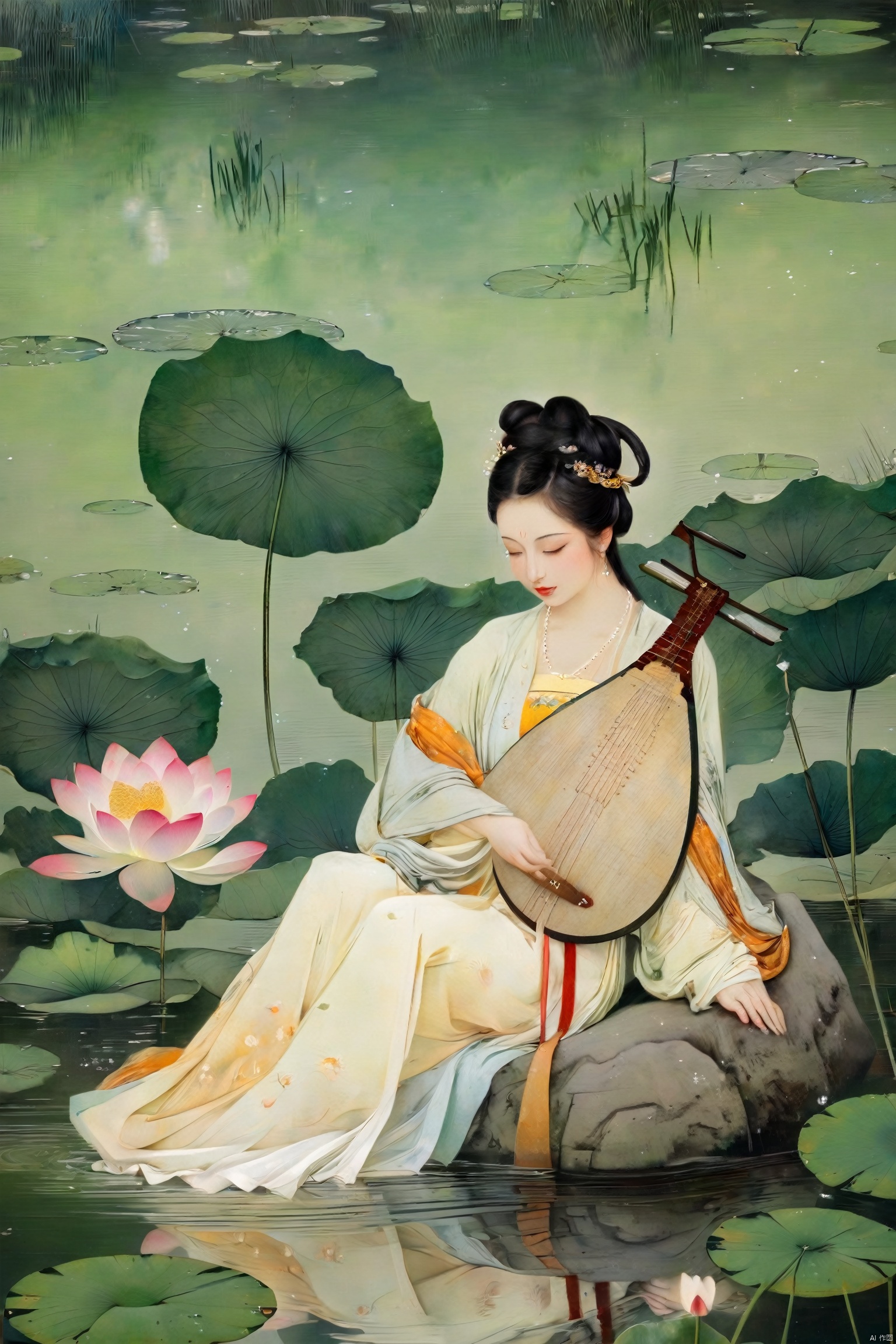 The woman, dressed in traditional Hanfu, sits on a green stone by the pond, gently strumming her biwa lute. The blooming lotus flowers and darting dragonflies complement the melodious notes of the pipa, creating a harmonious scene of movement and stillness.