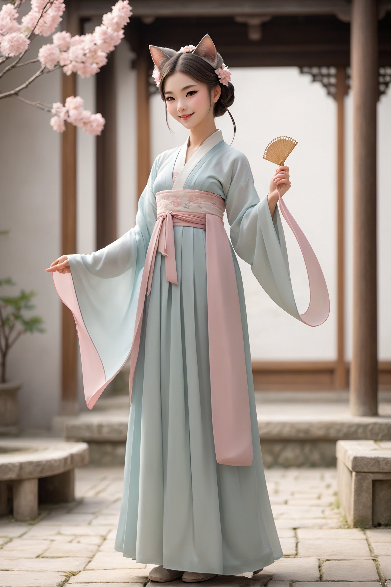 A catgirl in Hanfu stands in an antique courtyard, her cat ears and tail complementing the elegance of the traditional attire. She holds a folding fan in her hand, a sweet smile on her face, as if awaiting a spring rendezvous. The skirt of the Hanfu sways gently with the breeze, harmoniously blending with her catgirl traits., hanfu