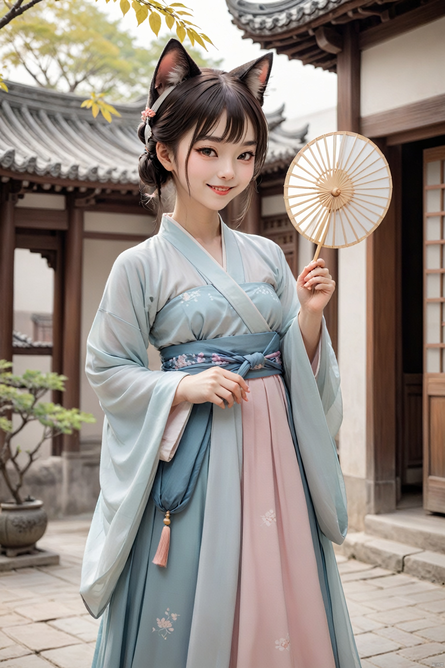 A catgirl in Hanfu stands in an antique courtyard, her cat ears and tail complementing the elegance of the traditional attire. She holds a folding fan in her hand, a sweet smile on her face, as if awaiting a spring rendezvous. The skirt of the Hanfu sways gently with the breeze, harmoniously blending with her catgirl traits., hanfu