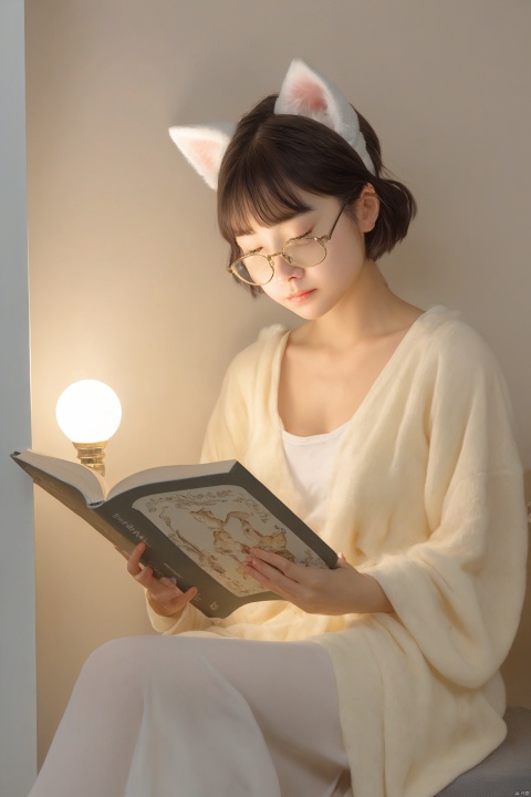  A character with feline traits sits in a quiet corner of a library, her cat ears perked up as she reads a book. The soft, yellow light from the reading lamp casts a gentle glow on her face, highlighting the soft fur on her cheeks and the concentration in her eyes. The scene is a peaceful blend of knowledge and the whimsy of her feline features., hanfu