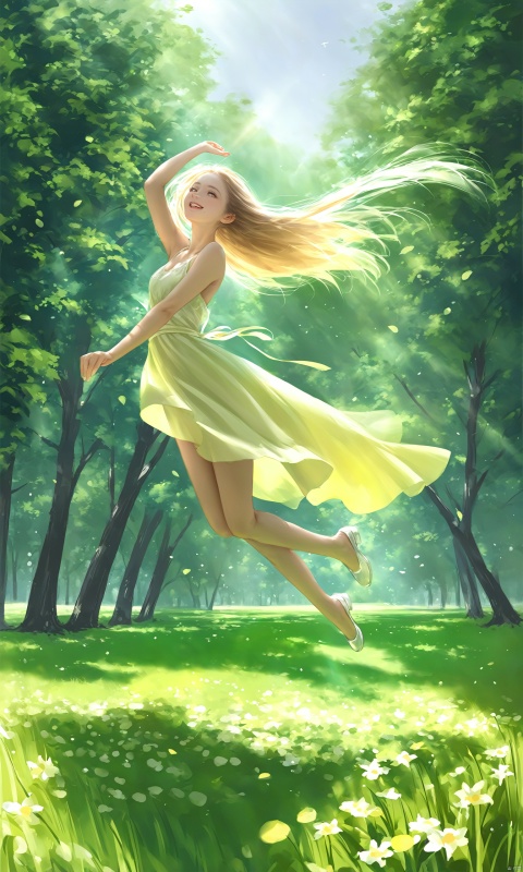  (masterpiece),(bestquality),[realistic,octanerender,3DCG],On a lush green meadow, a young girl is leaping into the air, her long hair fluttering like a ribbon in the wind. Her smile is radiant, her eyes sparkling with the joy of freedom and happiness. Sunlight filters through the gaps in the leaves, casting dappled shadows on her, complementing her graceful figure. Her jump seems to celebrate the infinite possibilities of life, each landing accompanied by cheerful laughter, brimming with the vitality of youth.