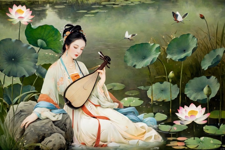 The woman, dressed in traditional Hanfu, sits on a green stone by the pond, gently strumming her biwa lute. The blooming lotus flowers and darting dragonflies complement the melodious notes of the pipa, creating a harmonious scene of movement and stillness.