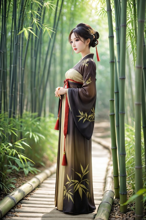 A young woman in traditional Hanfu stands quietly amidst the bamboo forest, her figure appearing particularly elegant in the tranquility of the bamboo grove. The bamboo stalks are tall and straight, their leaves rustling gently in the breeze, as if whispering secrets. Sunlight filters through the gaps in the leaves, casting dappled shadows on the woman. Deep within the bamboo grove, a golden lightning bolt streaks across, adding a touch of mystery and vitality to this serene landscape., traditional chinese ink painting, hanfu, figure