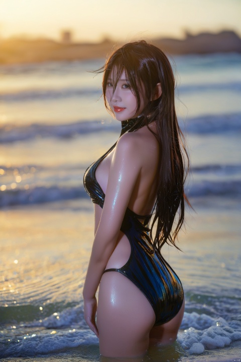 cosplay,1 woman, high-cut swimsuit, ample bust, leaning forward, captivating, enchanting, (curvaceous figure:1.2), elegant lines highlighted, lengthy hair cascading, glistening appearance, dew-like droplets, sandy shore, twilight ambiance, (exotic scenery:1.3), palm silhouettes, gentle surf, sheen on smooth skin, mesmerizing glance, lustrous smile, tantalizing posture, accentuated contour, (mood-enhancing illumination:1.1), shallow focus, meticulous details, (photorealistic rendering:1.4).