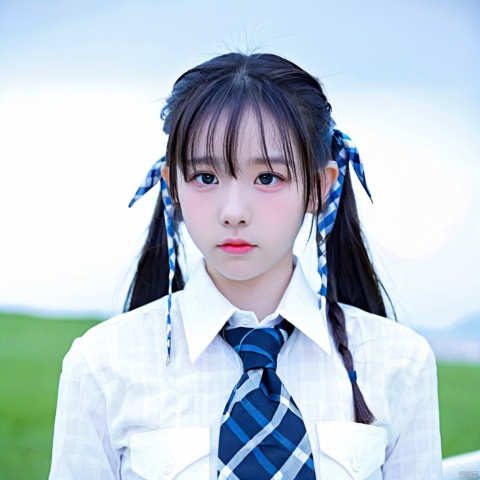  1girl,looking at viewer,long hair,necktie,plaid,realistic,school uniform,shirt,solo,striped necktie,twintails,cowboy shot,white shirt, chinese woman