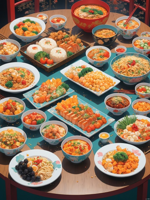 A table displaying pictures of all the food, in the style of anime art, featuring ultra fine details, colorful art, 2D cartoon realism, rich color art illustrations, Chinese punk, conceptual art, and close-up shots,