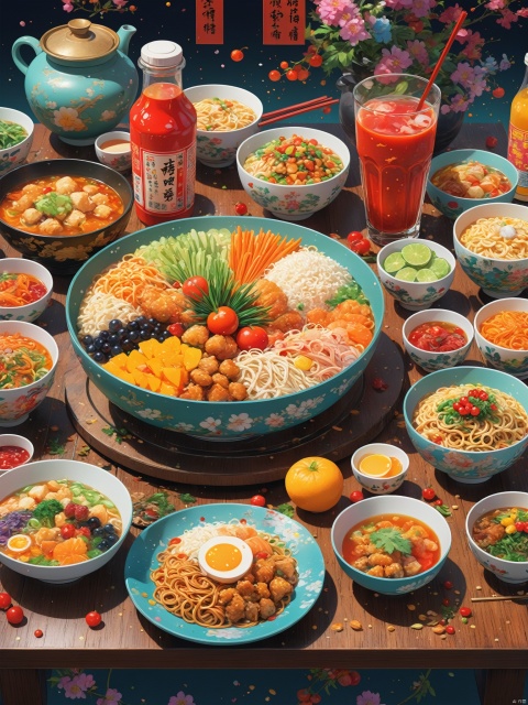 A picture showcasing all the food on the table, including various beverages, ingredients, close-up shots, in the style of anime art, with ultra fine details, colorful washing, 2D illustrations, colorful art, cartoon realism, Chinese punk, conceptual art - ar 4:5
