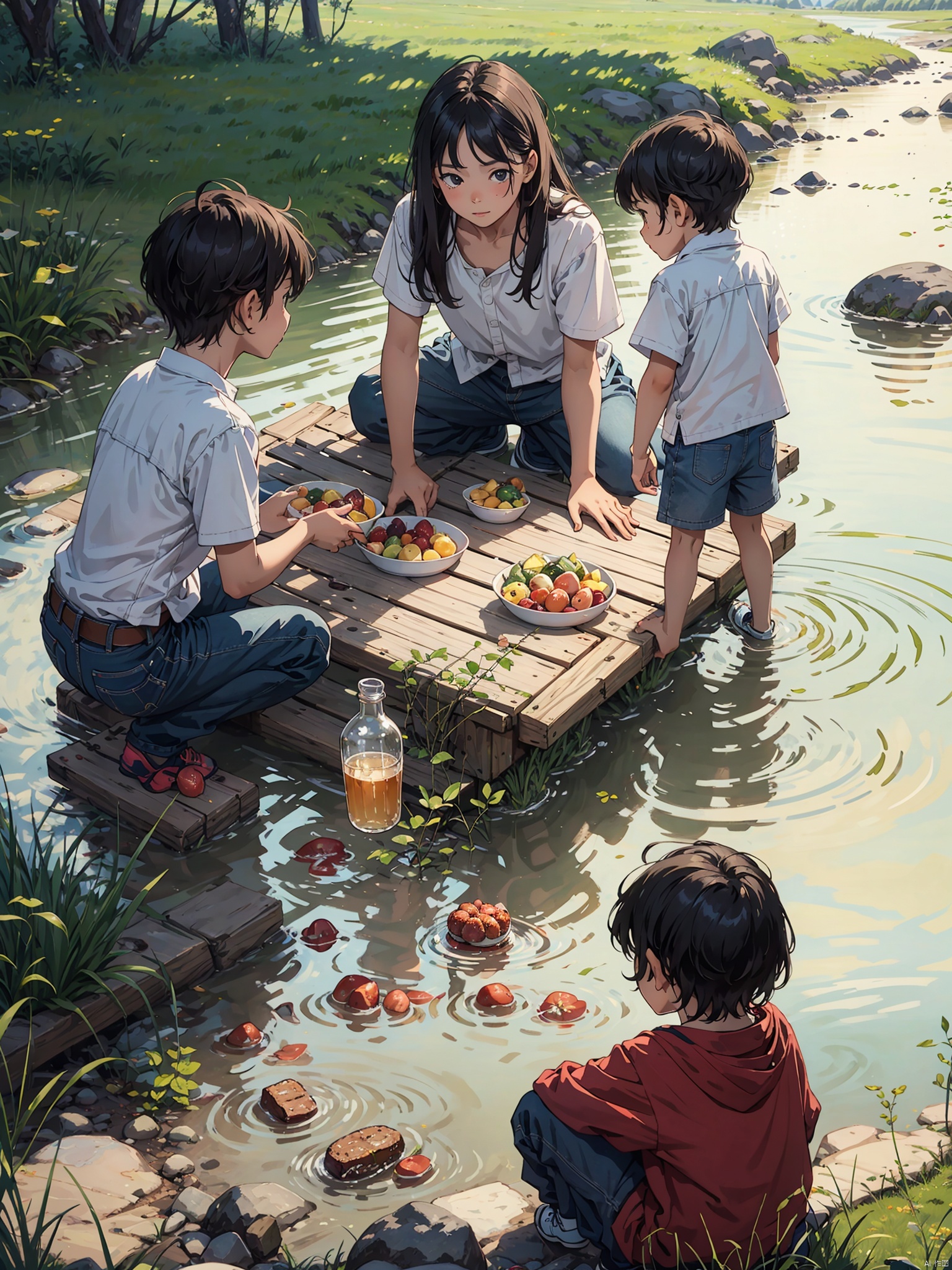 A group of children on Children's Day play on a prairie picnic with a river in the background