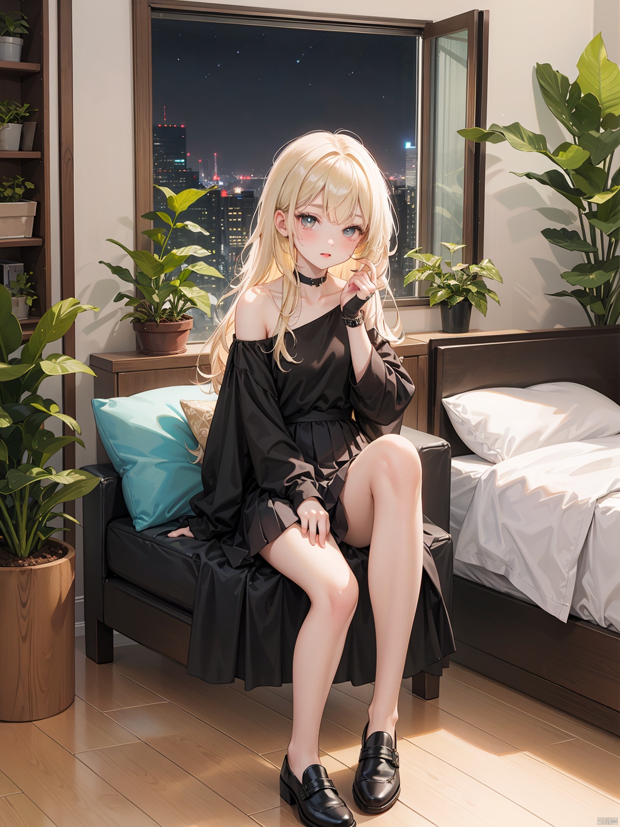  Beautiful figure, bangs, long hair, black eye,night, sitting in the room, bedroom, interior design, indoor plants, outdoor view, blonde hair, rose red pupils, girl, full body photo, leg rings, black top, long hem, covering hands, red skirt, short hem, revealing collarbone, off the shoulder, small leather shoes